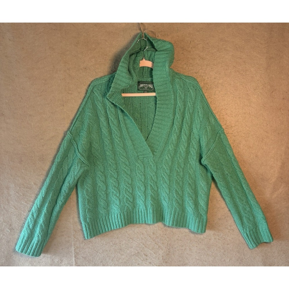American Eagle Hooded Sweater Womens Sz M Green Cable Knit Pullover‎ Classic
